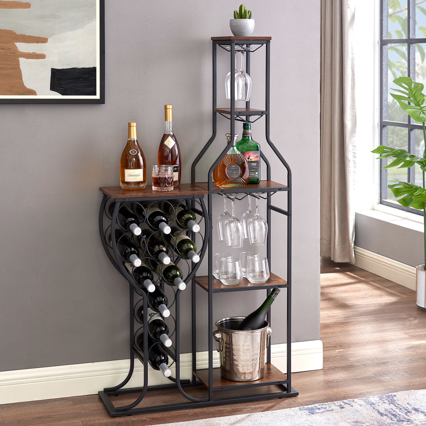 Unique Standing 11 Bottle Wine Rack, 5 Tier Freestanding Wine Rack with Hanging Wine Glass Holder and Storage Shelves, Wine Storage Home Bar for Liquor and Wine Storagefor Kitchen, Dining Room