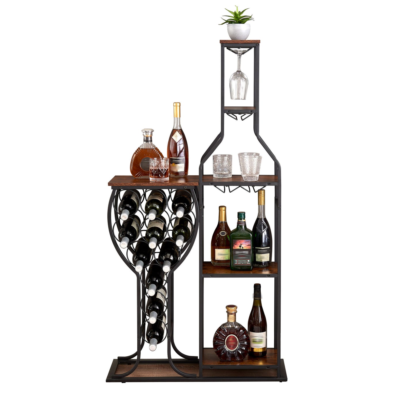 Unique Standing 11 Bottle Wine Rack, 5 Tier Freestanding Wine Rack with Hanging Wine Glass Holder and Storage Shelves, Wine Storage Home Bar for Liquor and Wine Storagefor Kitchen, Dining Room